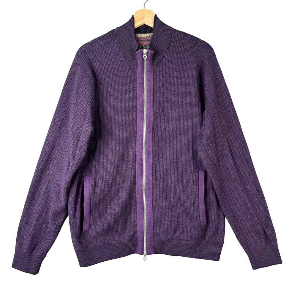 Robert Graham Mens Purple Textured Cotton Full Zip Mock Neck Sweater Large